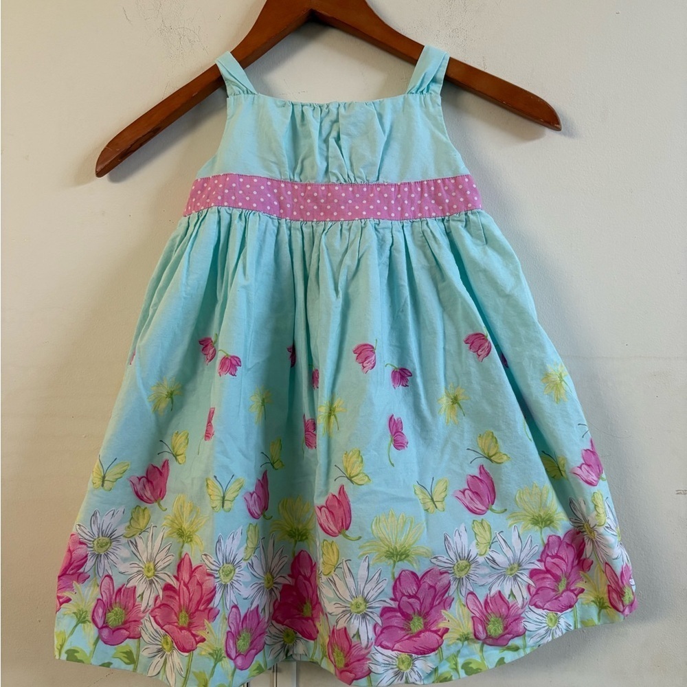 Polly Flinders easter blue floral print sundress with a pink polka dot size